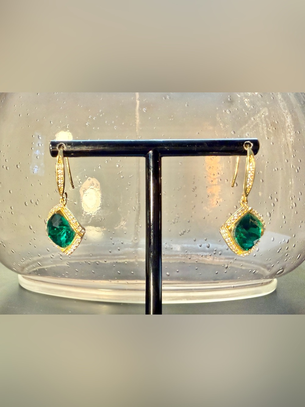 Gold Tone Cushion Cut Emerald Green Stone Square Titled Halo Dangle Earrings
